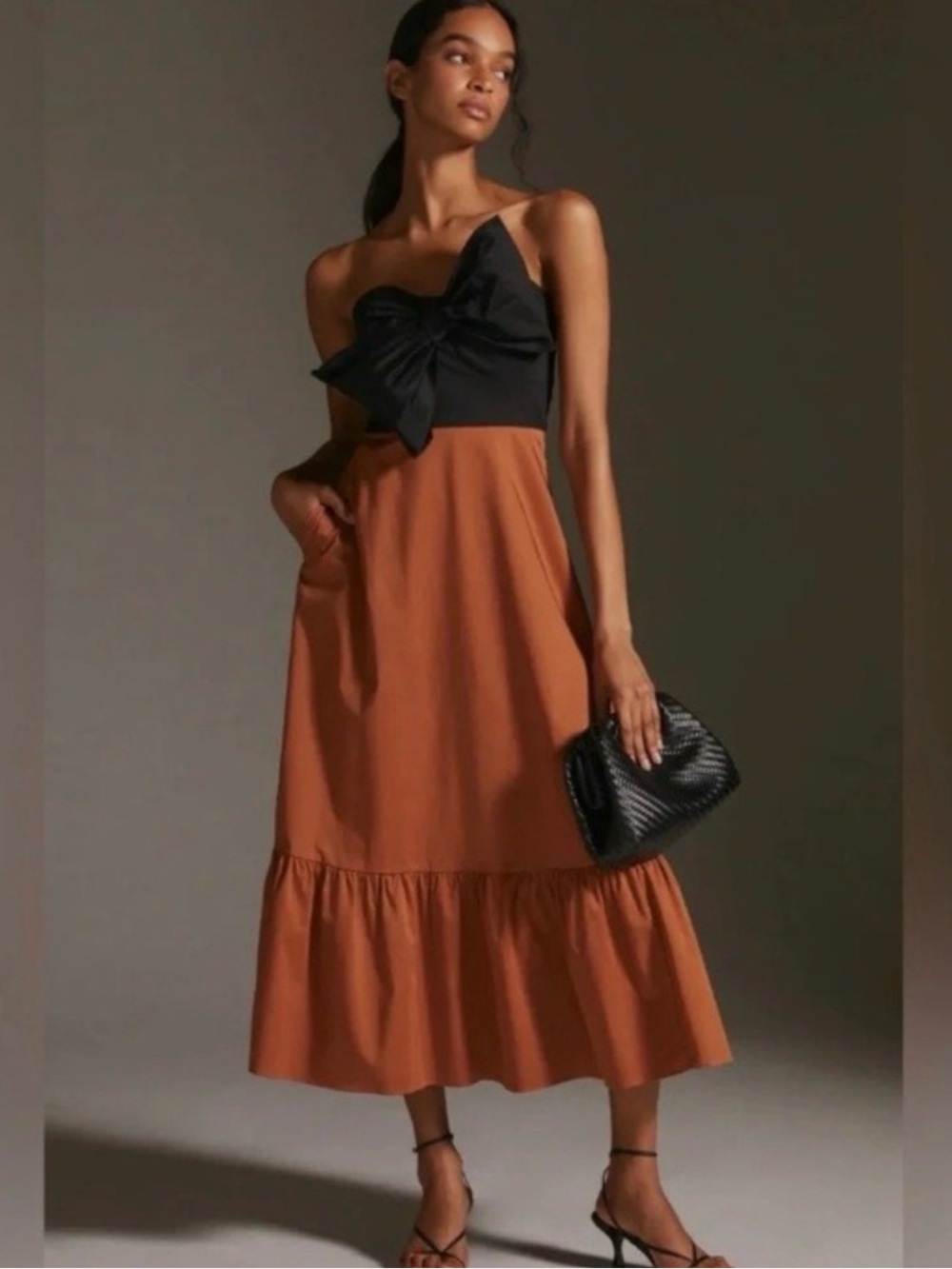 Anthropologie Black Bodice with Rust Midi Dress